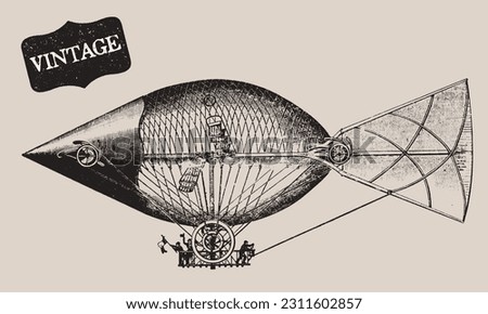 Vintage Transportation. Passenger Aircraft. Balloon, Dirigible or Zeppelin, Airplane. Retro Line Drawing. Engraving Old Transportation. Travel Journey Concept. Invention of Flying Aircraft Machines. 