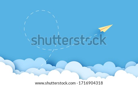 Yellow origami paper plane dash line track with loop in the sky. Back to school text in white cloud. Flat design. Blue background. Vector illustration