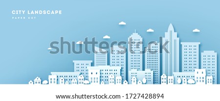 Urban Landscape paper cut with clouds and blue background.Cityscape in paper art style. Vector illustration.