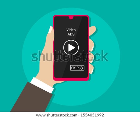 video advertise play with smartphone. hand holding smartphone. vector illustration