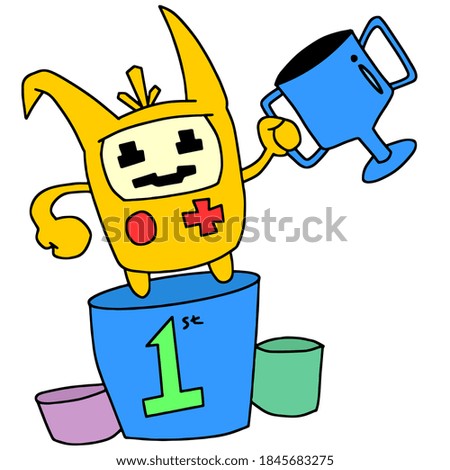 acceptance of the first trophy of the game playing competition. cartoon illustration sticker mascot emoticon