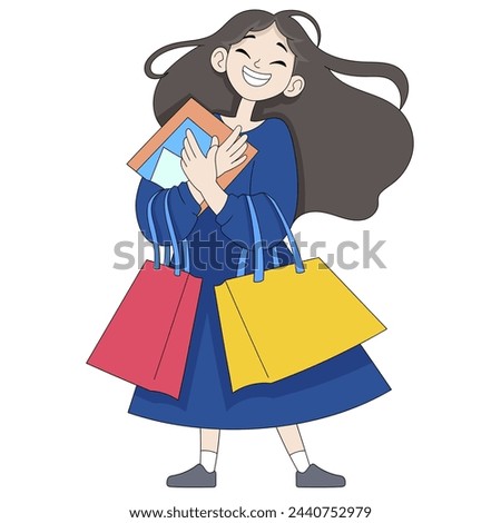 cartoon doodle illustration of people's daily activities, payday, women go to the shopping center to buy discounted goods, creative drawing 