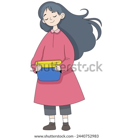 cartoon doodle illustration of people's daily activities, a girl carrying an empty shopping basket to the market to shop, creative drawing 