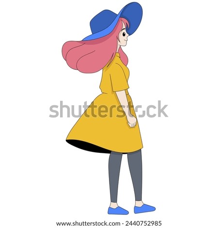 Cartoon doodle illustration of people's daily activities, girl walking around wearing casual clothes going on a trip, creative drawing 
