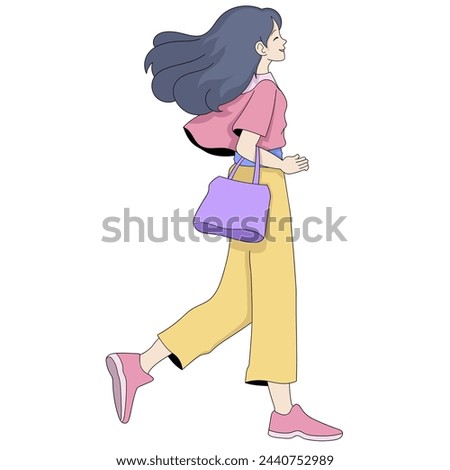 cartoon doodle illustration of people's daily activities, a girl is walking in a hurry to get to a place to hang out with her boyfriend, creative drawing 