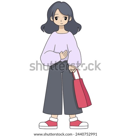 Cartoon doodle illustration of people's daily activities, girl is ready to go carrying shopping bags to the market, creative drawing 