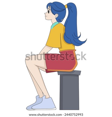 cartoon doodle illustration of people's daily activities, a beautiful woman is sitting alone waiting for her boyfriend to pick her up to hang out, creative drawing 
