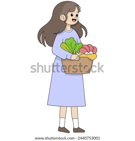 Cartoon doodle illustration of people's daily activities, girl walking from market to house carrying groceries, creative drawing 