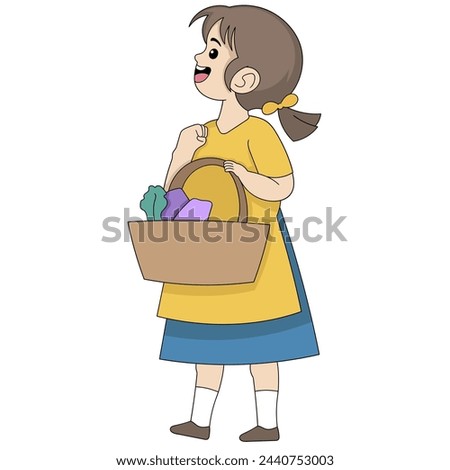 Cartoon doodle illustration of people's daily activities, girl walking home carrying her shopping basket, creative drawing 
