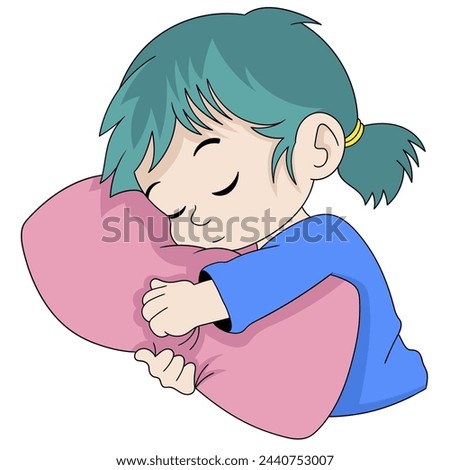 Cartoon doodle illustration of people's daily activities, girl is dreaming, sleeping soundly hugging a pillow, creative drawing 