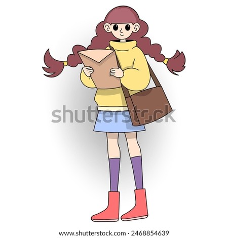 Labor worker activity cartoon doodle, young girl carrying a folder filled with letters looking for work