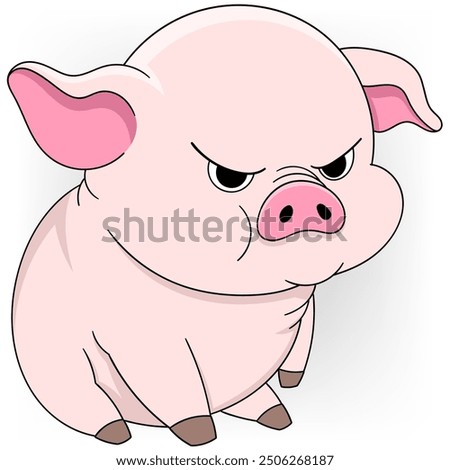 illustration of cute animal doodle image, little pig is sitting showing a pouting face