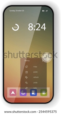 A vector illustration of a smartphone home screen displaying a modern gradient background, digital clock, battery status, and a menu pop up with options like copy, paste, refresh, undo, and redo