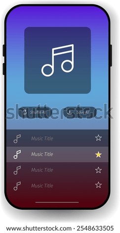 A visually appealing music player interface featuring a gradient background, music note icon, playlist display, and functional buttons like shuffle and save.