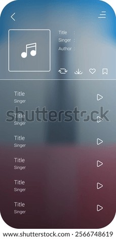 A sleek and minimalist music player app interface featuring a track display with song details, playback controls, and a vertical playlist layout