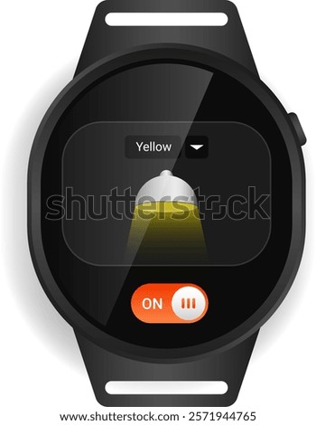 A modern smartwatch interface featuring a flashlight function with an adjustable light color option and an orange on off toggle button