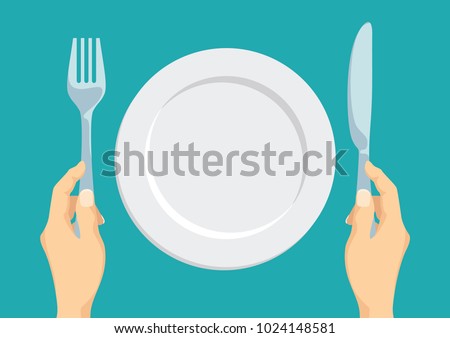 Empty white plate. Fork and knife in hand. Template. Vector illustration in flat style