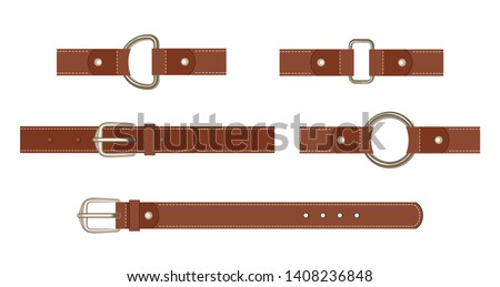 Brown leather belt with buttoned steel buckle, unbuttoned and with different metal haberdashery accessories isolated on a white background. Vector illustration in cartoon flat style. Stockfoto © 