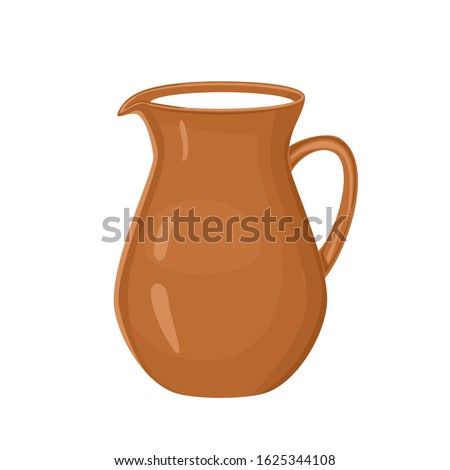 Ceramic jug full of milk Isolated on white background. Vector illustration of brown clay pitcher with fresh dairy drink in cartoon flat style.