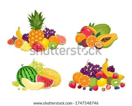Fruit pile set. Vector illustration of banners with various tropical fruits isolated on  white background. Fresh food in cartoon flat style.