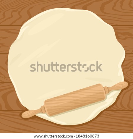 Rolling pin and dough isolated on wooden background. Vector illustration in cartoon flat style. Empty place for text.