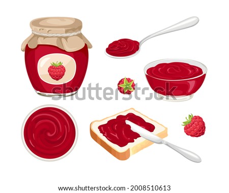 Raspberry jam set. Confiture spread on piece of toast bread, knife, glass jar with jelly, spoon, bowl and fresh red berry isolated on white background. Vector food illustration in cartoon flat style.