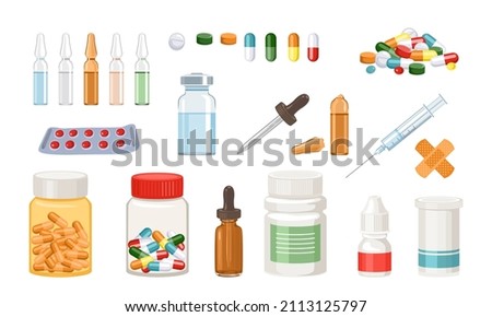 Medical set. Pills and capsules in jar, bottle with drops for eyes or nose, syringe, broken ampoule, patch, pipette, glass dropper bottle, vial for drugs. Vector cartoon flat medicines illustration Foto stock © 