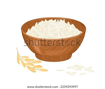 Heap of Long Basmati Rice in wooden bowl isolated on white background. Vector cartoon illustration. Healthy organic food. 