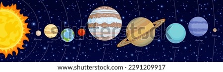 Planets of solar system against background of starry sky. Vector cartoon illustration of Mercury, Venus, Earth, Mars, Jupiter, Saturn, Uranus, Neptune, Pluto, Sun.