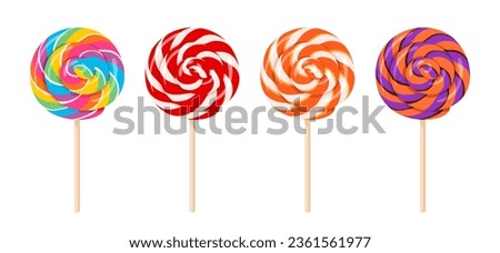 Set of colorful lollipops on wooden stick. Vector cartoon flat illustration of swirl round candy. Sweet food icons.