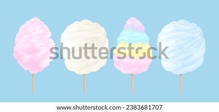 Set of colorful cotton candy isolated on blue background. Vector cartoon illustration. Sweets icons.