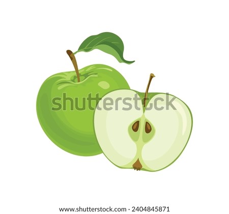 Green apple whole and slice. Vector cartoon illustration of fresh fruit.