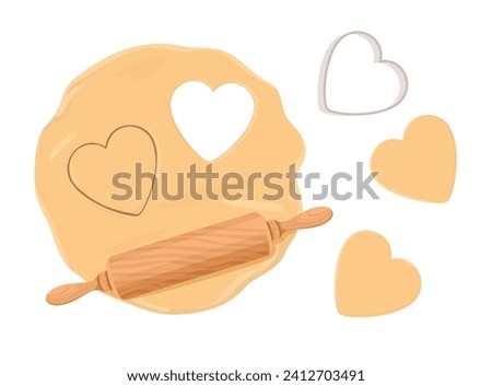Making heart shaped cookies. Raw dough, rolling pin and baking cutter. Festive pastry for Valentine day. Vector cartoon illustration.