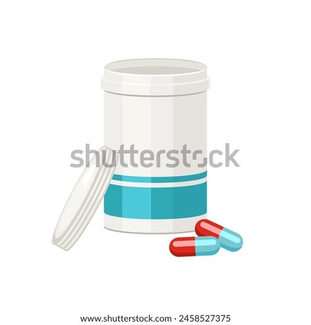 Open bottle with pills isolated on white background. Vector cartoon flat illustration of medication.