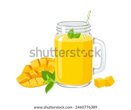 Mango smoothie in mason jar glass with straw isolated on white background. Yellow milkshake. Vector cartoon illustration.