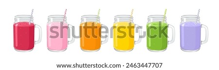 Row of fresh smoothies in mason jar glass with straws isolated on white. Vector cartoon illustration of different healthy juices or shakes.