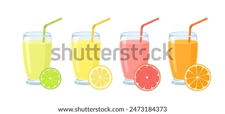 Citrus juices in glasses with straws. Lime, orange, lemon and grapefruit drinks and fresh slices. Vector cartoon illustration.