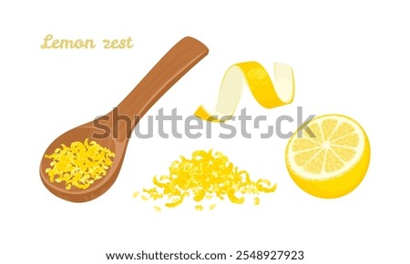 Grated lemon zest in wooden spoon, lemon fruit cut in half, heap of zest and  yellow peel twist  isolated on white background. Vector cartoon flat illustration. 