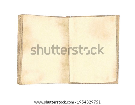 Watercolor vintage old open book with blank pages isolated on white background. Hand drawn illustration sketch