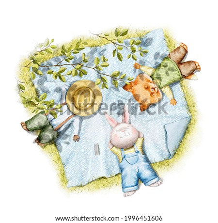 Three animal friends in clothes fox, rabbit and ferret lie and enjoy in summer day on blanket in park isolated on white background. Watercolor hand drawn illustration sketch 商業照片 © 