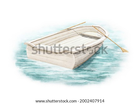 Bright landscape scenery with white wooden boat with oars on summer blue water isolated on white background. Watercolor hand drawn illustration sketch