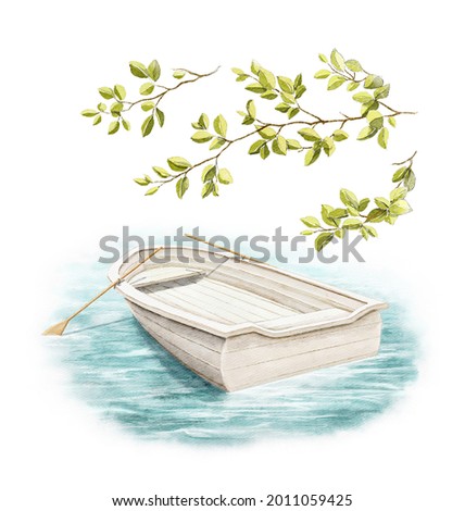 Bright landscape scenery with white wooden boat with oars on summer blue water and branches with foliage isolated on white background. Watercolor hand drawn illustration sketch