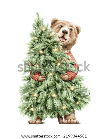 Watercolor vintage man bear in sweater clothes holding Christmas tree with luminous garland isolated on white background. Hand drawn illustration sketch