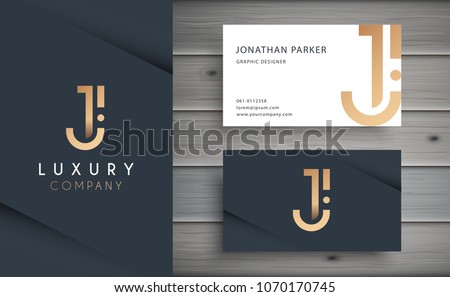 Luxury vector logotype with business card template. Premium letter J logo with golden design. Elegant corporate identity.