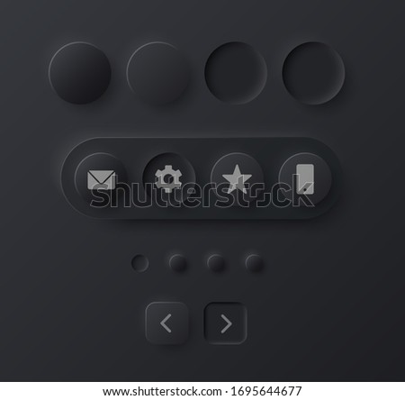 Soft black Neumorphism button collection for UI interface. Trending Vector design UX element. 