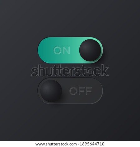 Soft black Neumorphist on and off toggle switch for UI interface. Trending Vector design UX element. 