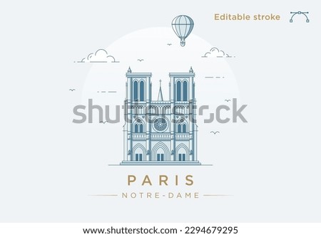 Clean modern line art illustration of the Notre-Dame Cathedral in Paris France. Minimalist style landmark illustration. Vector art with fully editable stroke lines.