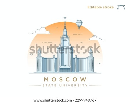Clean modern line-art illustration of theState University building in Moscow, Russia. Minimalist style European City illustration. Vector art with fully editable stroke lines.