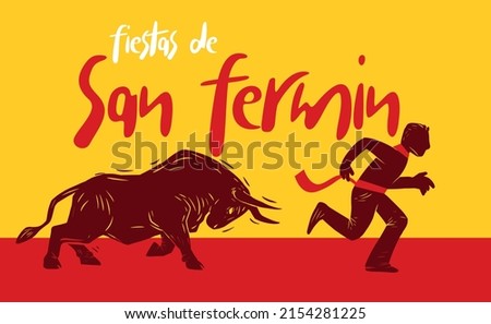 Pamplona Festival. People running from bulls in Spain. Feast of Saint Fermin (fiestas de San Fermin)