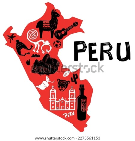 Vectorial hand drawn stylized map of Peru landmarks. Travel illustration. Peru geography illustration. South America map element